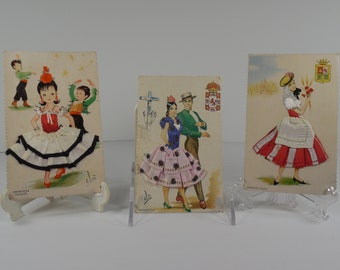 Mid Century Spain Post Cards Andalucia Lanzarote Canarias Blank Spanish Postcard Fabric And Embroidery Accents Set Of Three 3 Made In Spain