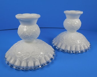 Fenton Spanish Lace Silver Crest Milk Glass Tapered Candle Candlestick Holder Pair Set Of Two 2 White Glass Ruffle Clear Glass Edge Base