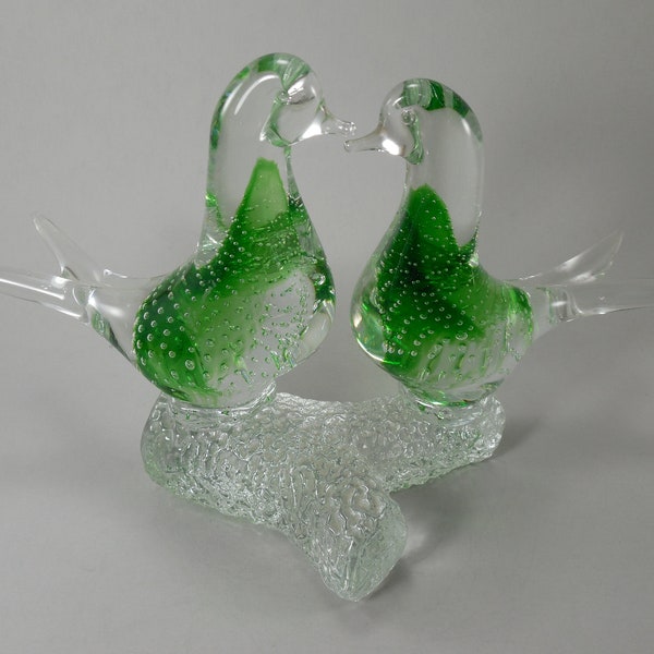 Vintage Murano Art Glass Love Birds Green Clear Controlled Air Bubbles Art Glass Two 2 Love Birds Sitting Kissing On Branch Italian Italy