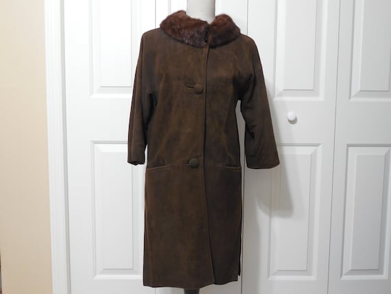 Mid Century Brown Suede Mink Fur Coat Jacket By Hughes Brown Suede Mink Fur Coat Jacket, Dark Brown Mink Trench Coat