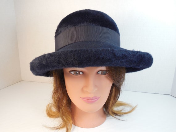 Vintage Navy Blue Fur Wide Brim Picture Hat By Co… - image 2