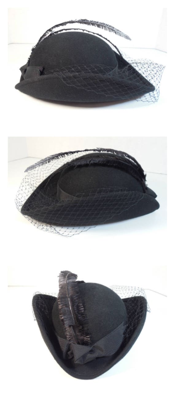 Vintage Black Wool Bent Brim Curved Brim Hat By S… - image 9
