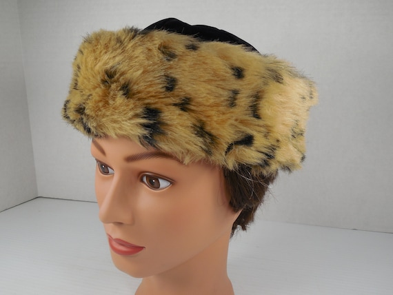 Faux Leopard Cheetah Fur and Black Velvet Pillbox Hat by  display picture 3