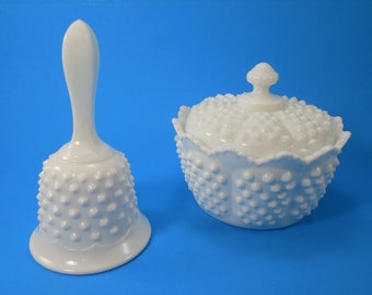 Vintage Fenton Milk Glass Hobnail Dinner Bell And Fenton Milk Glass Scalloped Ruffle Edge Hobnail Lidded Candy Bowl Candy Jar Bowl With Lid