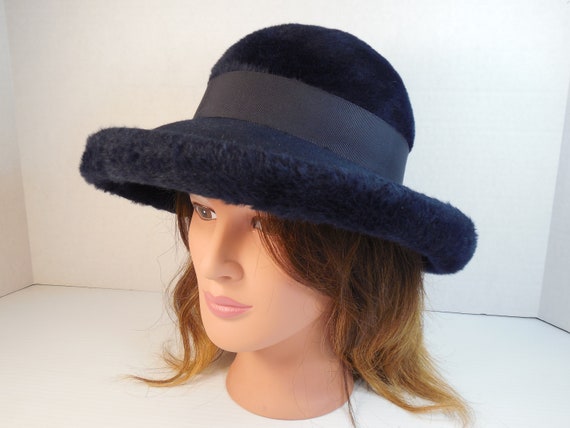 Vintage Navy Blue Fur Wide Brim Picture Hat By Co… - image 3