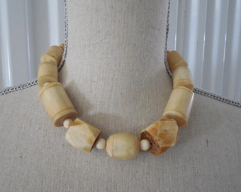 Carved Bone Bead Necklace Choker Hand Carved Natural Bone Multiple Shapes Graduated Small To Large Beads Threaded Screw Clasp 17 3/4 Inches
