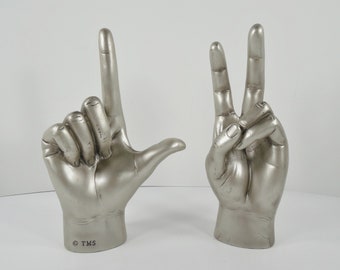 Silver Hand Figurines Sculpture Statue Hand Symbols Symbolic Hand Meaning Symbolism Hand Gestures Deaf Impaired Hand Signs Set Of Two 2