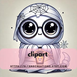 May include: A cute cartoon ghost wearing glasses and a white sheet, holding a jack-o-lantern. The ghost has big eyes and a sweet expression. The image is in a cartoon style and has a pink background with the word "clipart" written in black.