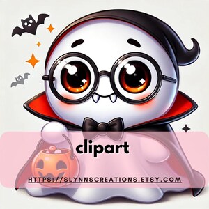Puede incluir: Un lindo fantasma de vampiro de dibujos animados con gafas y una pajarita negra, sosteniendo un cubo de calabaza. El fantasma lleva una capa roja y negra. La imagen incluye el texto "clipart" y "HTTPS://SLYNNSCREATIONS.ETSY.COM".