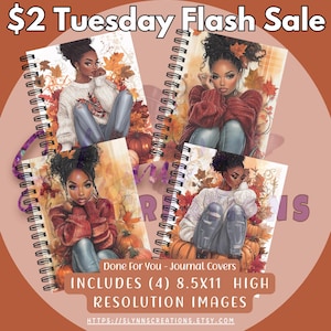 May include: Four digital journal covers featuring illustrations of women with autumnal themes. Each cover features a woman with brown skin wearing a sweater and jeans, sitting on a pile of pumpkins. The background includes fall leaves and a checkered pattern. The text "Done For You - Journal Covers" is at the bottom of the image. The text "INCLUDES (4) 8.5X11 HIGH RESOLUTION IMAGES" is below the text "Done For You - Journal Covers". The text "HTTPS://SLYNNSCREATIONS.ETSY.COM" is at the bottom of the image.