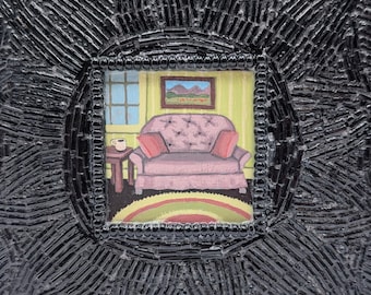 Original Acrylic Painting with Beaded "Frame": Purple Loveseat