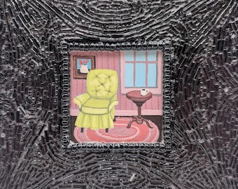 Original Acrylic Painting with Beaded "Frame": Green Chair