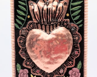 Original Acrylic Painting with Hammered Copper: Sacred Heart with Pink Roses