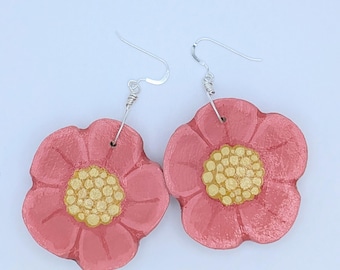 1 Pair Carved and Hand-Painted Wood Flower Earrings