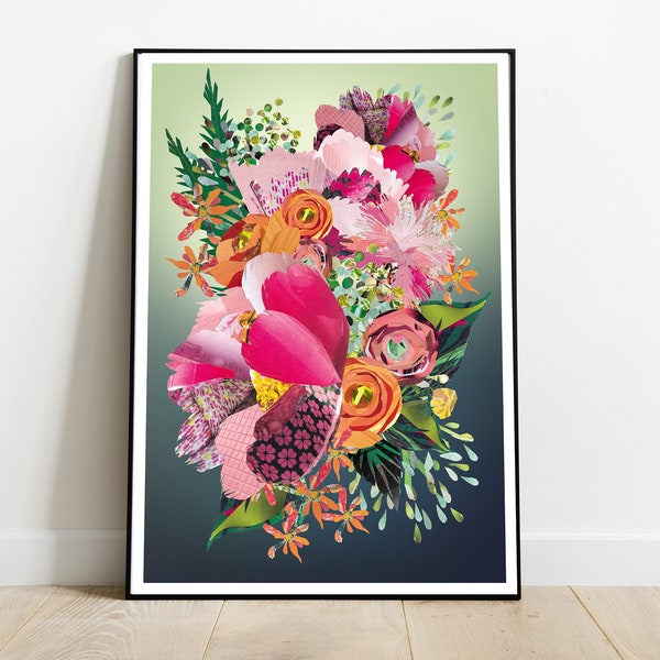 Hot Pink Peony Art Print | Hand collaged, digitally edited red rose and botanical eucalyptus print