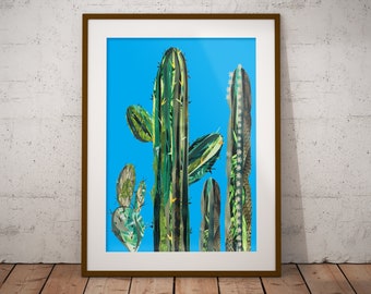 Blue Cacti A1 Poster ǀ Statement Wall Art, plant art, home decor, tropical, desert,  botanical, contemporary collage