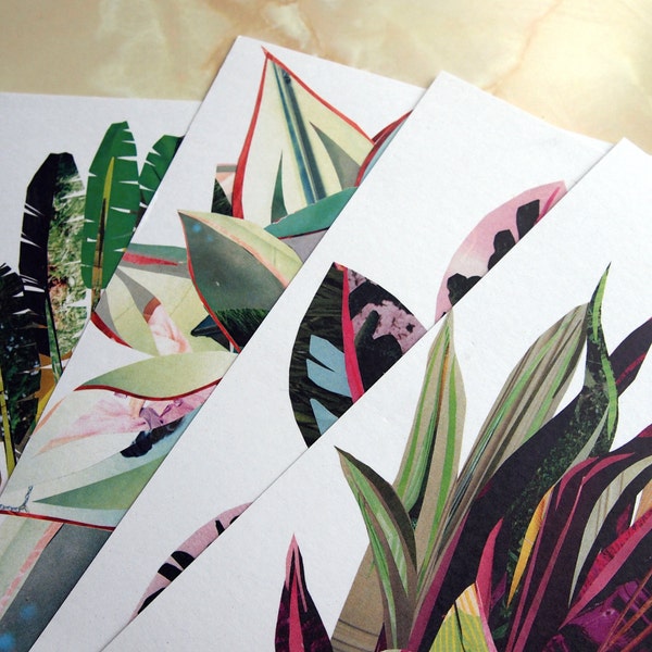 Tropical Prints Pack of 4 | Hand collaged, sustainable art, tropicals palms, grass plants, recycled card