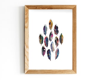Tiny Feathers  | Hand collaged, colourful mixed media art print, inspired but nature, inspirational,