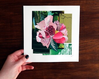 ORIGNAL COLLAGE ARTWORK | Hot Pink Peony | Handmade, floral design art