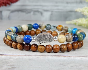 Earthy Jewelry - Tree of Life Nature Bracelet for Women - Gemstone and Wood Stacking Bracelets