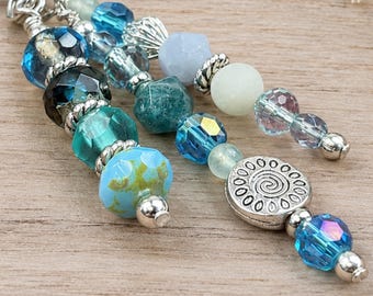 Blue Beaded Purse Charm, Czech Glass Bead Bag Charm, Sun Charm, Handbag Accessory, Beach Nautical Gift for Her