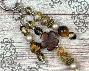 Purse Charm with Wooden Flower - Charm to Clip on Purse - Charm to Attach to Bag - Beaded Purse Accessories - Handmade Bag Charms