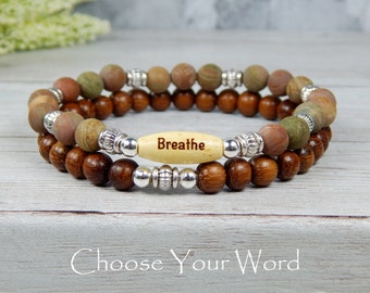 Breathe Bracelet, Stacked Bracelet, Intention Bracelet, Beaded Bracelet,  Wood Bracelet, Nature Bracelet, Natural bracelets