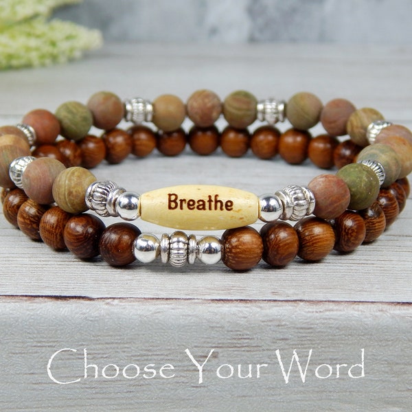 Breathe Bracelet, Stacked Bracelet, Intention Bracelet, Beaded Bracelet,  Wood Bracelet, Nature Bracelet, Natural bracelets