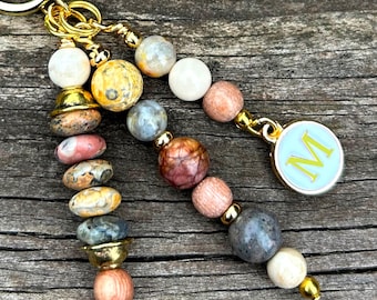 Personalized Beaded Gemstone Purse Charm: Custom Initial Bag Keychain