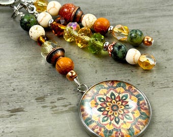 Earthy Purse Charm with Boho Mandala Charm - Purse Accessories - Bohemian Bag Charms - Purse Pendants, Nature Lover Gift