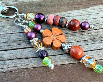 Beaded Bag Charm with Wooden Flower | Retro Boho Purse Charm | Timeless Natural Keychain | Handmade Accessory Gift for Her