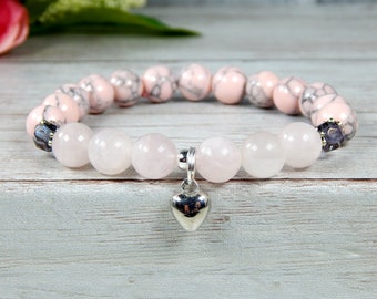 Pink Bracelet, Rose Quartz Jewelry, Pink Beaded Bracelet, Heart Bracelet, Pink Bead Bracelet, Pink Jewelry, Gemstone Bracelet, Heart Charm