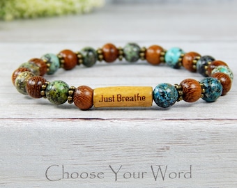 Yoga Bracelet, African Turquoise Bracelet, Word Bracelets, Namaste Bracelet, Choose Your Word, Message Bracelets, Green and Brown Bracelet
