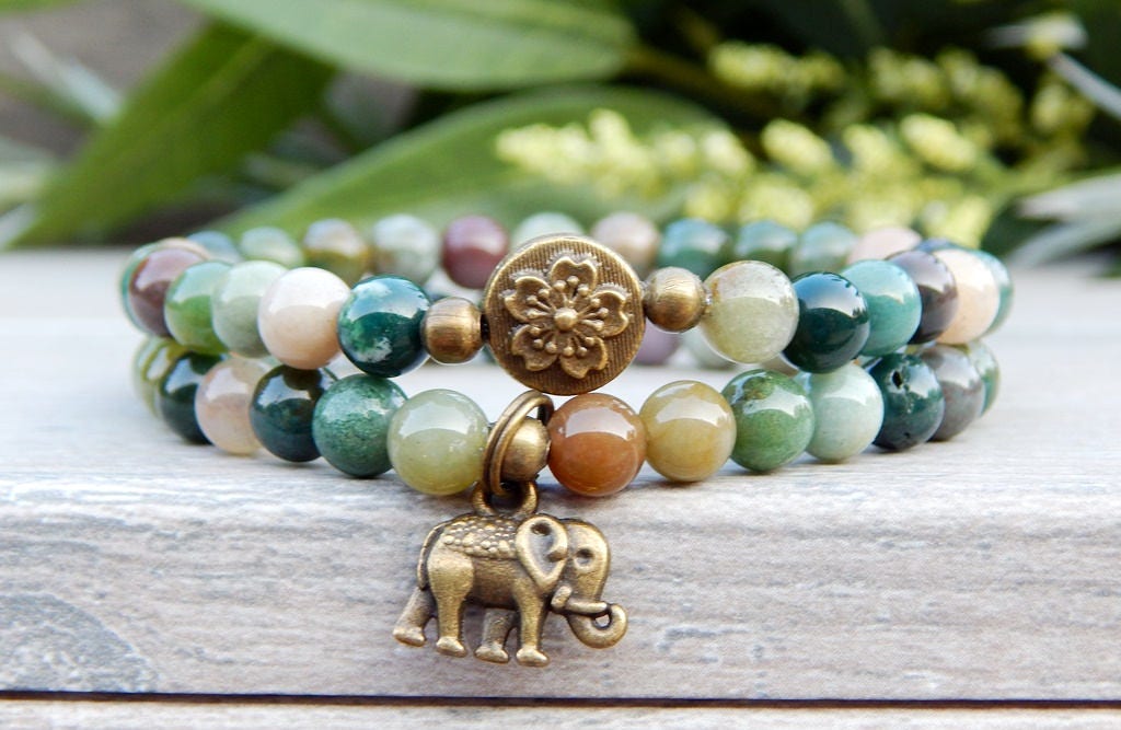 Ganesha Elephant Charm Bracelet: Fancy Jasper Gemstone Yoga Jewelry