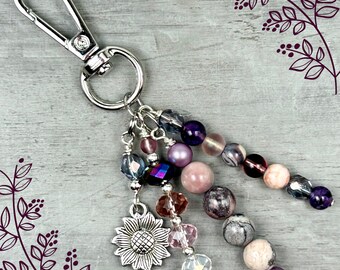 Amethyst Beaded Purse Charm: Sunflower Pendant, Purple Gemstone Jewelry