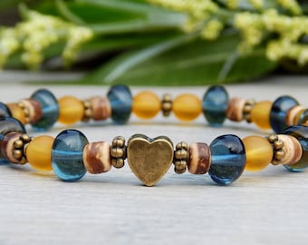 Blue Yellow Bracelet, Beaded Bracelet, Heart Bracelet, Love Bracelet, Michigan Bracelet, U of M Bracelet, Stretch Bracelet, Bead Bracelet