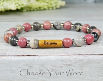 Word Bracelet, Pink Bracelet, Gemstone Bracelets, Love Bracelet, Inspirational Gifts, Choose Your Word, Message Bracelets, Yoga Bracelets