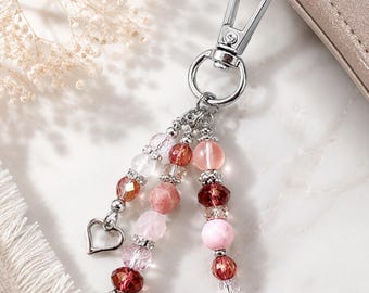 Pink Beaded Purse Charm, Backpack Charm, Cute Bag Accessory, Heart Charm, Pink Crystal Handbag Charm