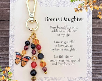 Bonus Daughter Birthday Gift | Stepdaughter Present | Birthday, Christmas, Graduation | Purse Charm with Meaningful Card