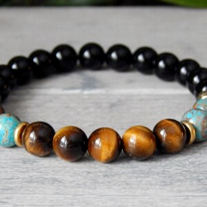 Mens Tiger Eye Bracelet, Tigers Eye Bracelet, Mens Jewelry, Black Onyx Bracelet, Tiger Eye Bracelet, Bracelets for Men, Gemstone Bracelet