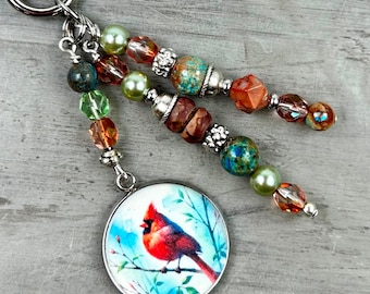 Beaded Cardinal Purse Charm: Memorial Bird Keychain Pendant