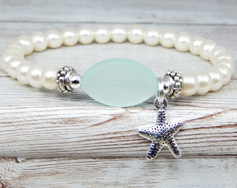 Sea Glass Bracelet, Glass Pearl Bracelet, Pearl Jewelry, Starfish, Ocean Jewelry, Beach Jewelry, Nature Jewelry,