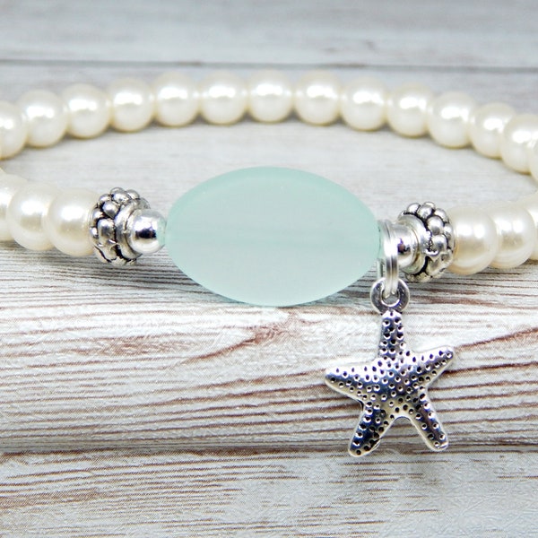 Pulsera de cristal marino: Joyería de perlas con dije de estrella de mar de plata.