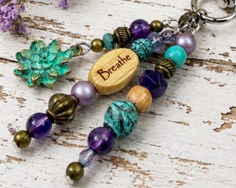 Lotus Flower Purse Charm, Breathe Bag Charm, Boho Keychain, Mindfulness Gift, Yoga Lover Gift, Beaded Handbag Accessory