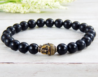 Mens Matte Black Onyx Buddha Bracelet: Antique Bronze Accent