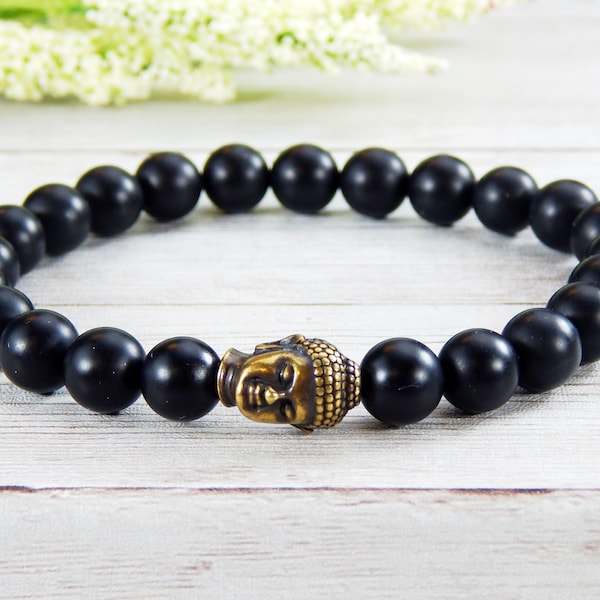 Mens Matte Black Onyx Buddha Bracelet: Antique Bronze Accent