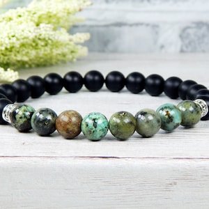 Mens African Turquoise & Matte Black Onyx Beaded Bracelet