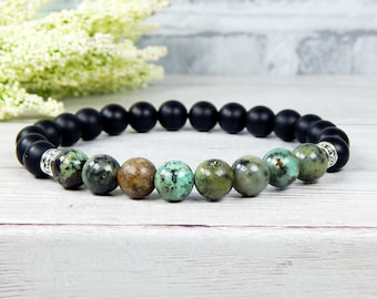 Mens African Turquoise & Matte Black Onyx Beaded Bracelet