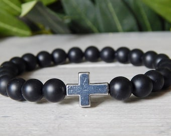Mens Black Onyx Cross Bracelet: Spiritual Beaded Jewelry