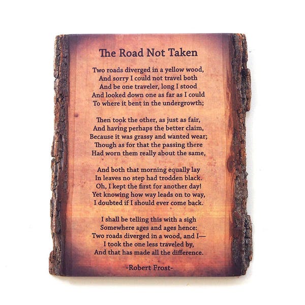 The Road Not Taken on Live Edge Wood - Wood Wall Art with Robert Frost Poem - Poetry Wall Art